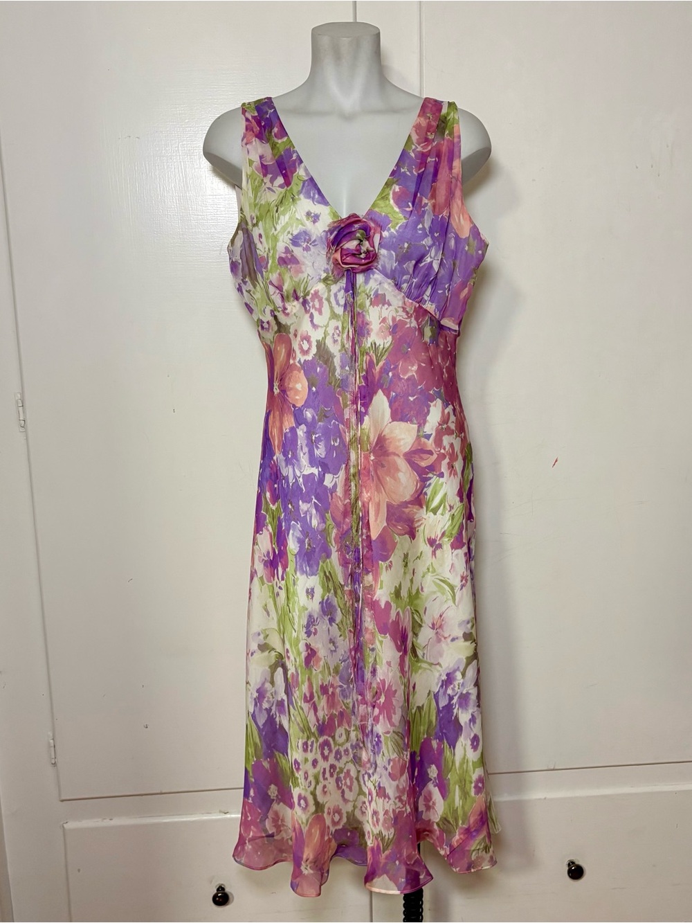 Vintage 90s Anne Klein Silk Pink Purple Watercolor Floral Garden Party Dress